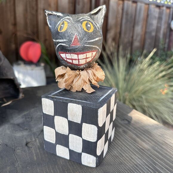 Vintage Paper Mache Halloween Cat Bobble Head Figurine signed RARE - Picture 1 of 5